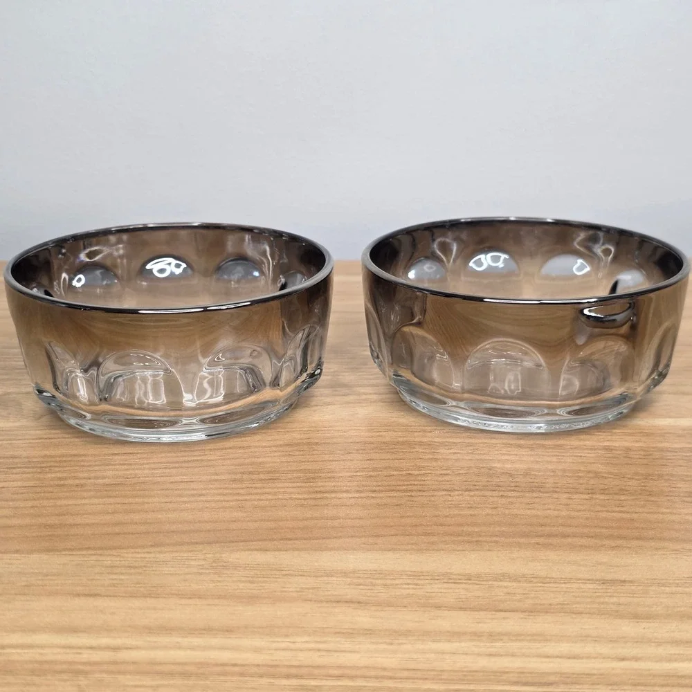 Vintage 1970's Arcoroc Thumbprint Bowls Mercury Silver‎ Color Rim Set of Two